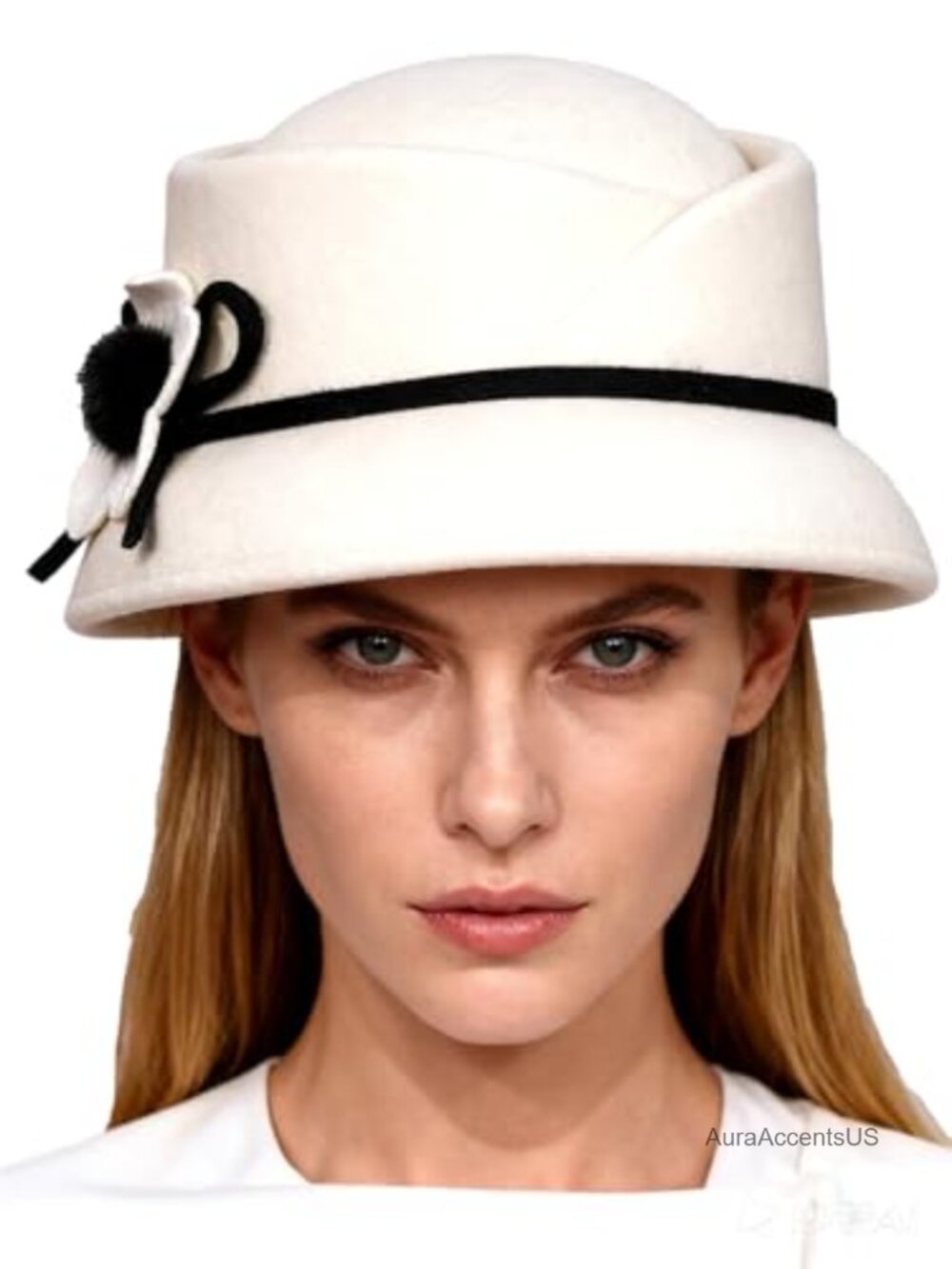Wool Felt Fedora Cloche Hat with Flower Elegant Formal Wedding Church
